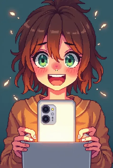 A pixel art image of a young person with brown hair and green eyes opening their new white cell phone with three cameras, with a sparkle in their eyes and around the cell phone