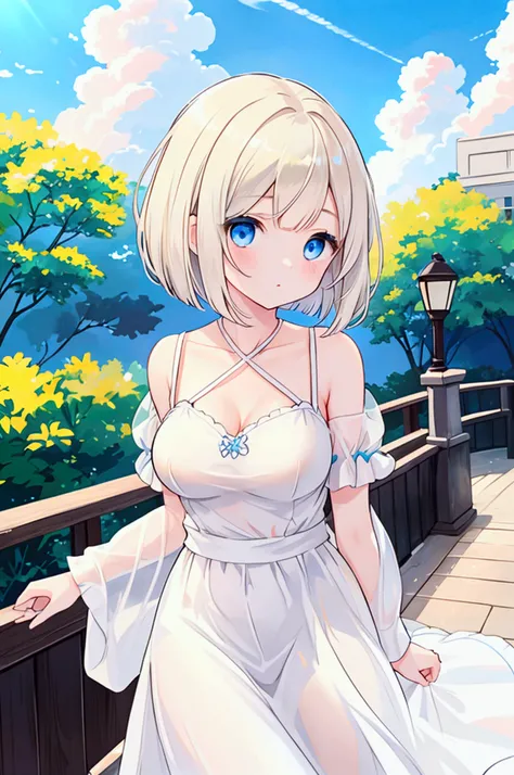 Photorealistic、Highest quality、Highest Resolution、Highest quality、16Ｋ、One beautiful woman、Cute face、Delicate face、Bob cut hair、Light Hair Color、Pale blue eyes、Delicate eyes、Beautiful breasts、Big Breasts、Cool clothes、Casual clothing、Blue sky、Sexy pose、 