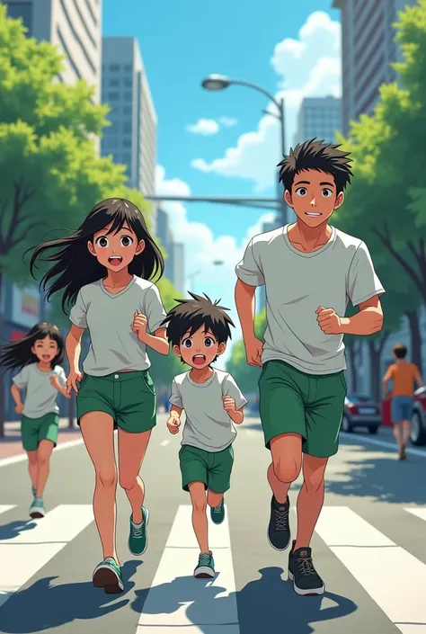 Anime family running in the streets wearing green shorts and white t-shirts