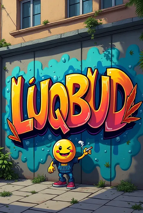 IMAGE WRITTEN LUQBUD IN THE FORM OF GRAFFITI CANBIS EMOJI SMILING HOLDING A CIGARETTE