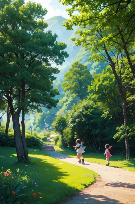 mountain间小道, for trees, björk, children playing, flowers, butterfly, bird, landscape, birds chirp, sunlight through the trees, b...