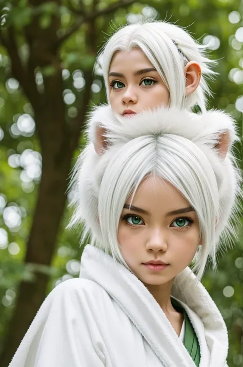 Anime monkey girl white hair white fur green eyes wearing monk robes