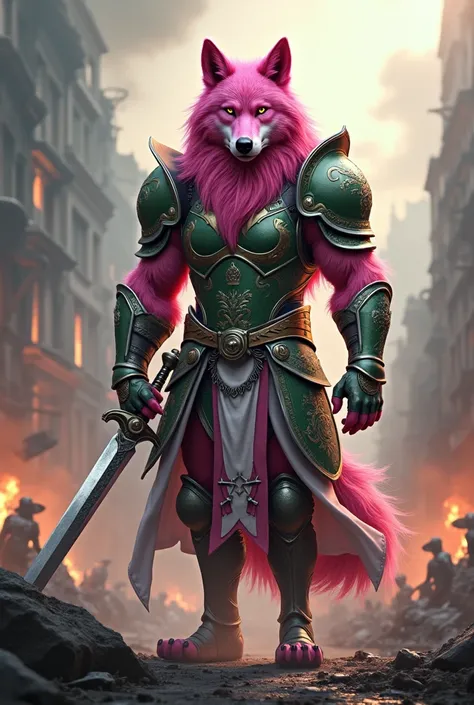 (photorealism:1.2), pink wolf ,beautiful, Heineken armor , sword, war background