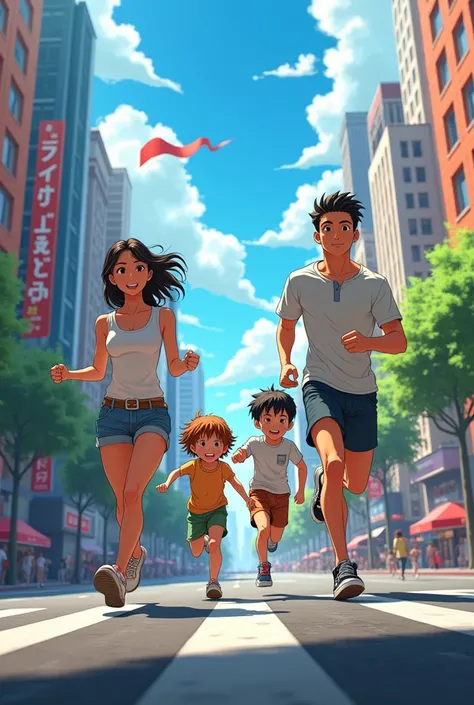 Anime family running in the streets wearing shorts and T-shirts 