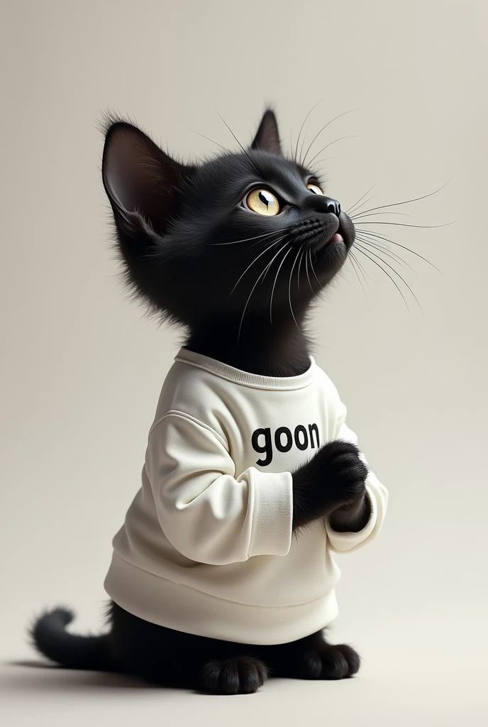 Black kitten, wearing white shirt that says goon, looking up to the sky praying 