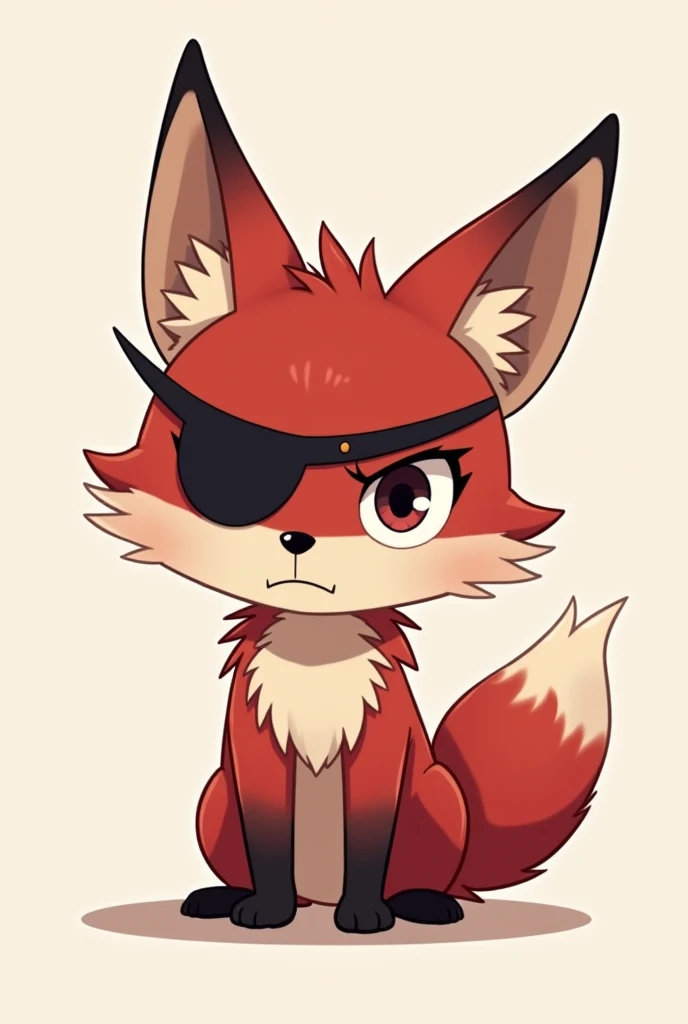 A chibi anime cartoon drawing of a dark red fox with a serious expression wearing a black eye patch over its left eye