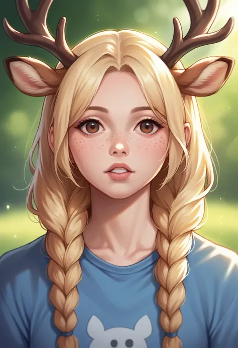 1girl, solo, long hair, looking at viewer, bangs, blonde hair, shirt, animal ears, twintails, brown eyes, upper body, braid, parted lips, horns, teeth, day, blurry, twin braids, lips, parted bangs, blurry background, sunlight, blue shirt, hair over shoulde...