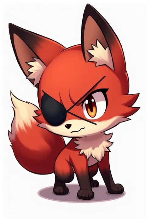 A chibi anime cartoon drawing of a dark red fox with a fierce expression wearing a black eye patch over its left eye.