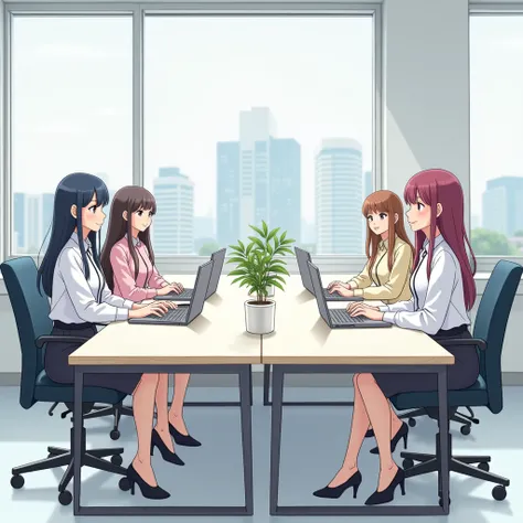 Female employees at IT companies、Beauty、I am working in the office.、In the style of Japanese anime illustration、We are having a meeting