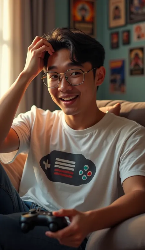 photorealistic, best quality, masterpiece, extremely detailed, (side view), close up, extremely handsome, 30 year old borneo man, no facial hair, glasses, stocky build, wearing 8bit graphic tshirt, happy shocked expression, holds a video game console contr...