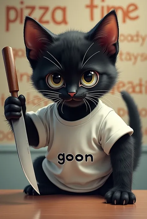 Black kitten, wearing white shirt that says goon, holding a knife, and a text in the background that says pizza time