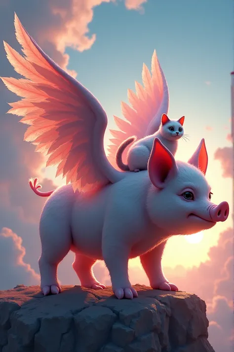 Create a winged pig with a cat on its back