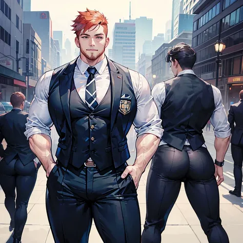 One Man, muscular, jocks, athletic, ginger, wearing suit vest clothes, big butt, huge ass, comically massive ass, bubblebutt, thick, thicc, thick ass, thick legs, thick thighs, huge butt cheeks, ass huge, showing butt to camera, smiling, looking back at ca...