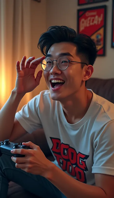 photorealistic, best quality, masterpiece, extremely detailed, (side view), close up, extremely handsome, 30 year old stocky borneo man, no facial hair, glasses, wearing 8bit graphic tshirt, happy shocked expression, holds a video game console controller i...