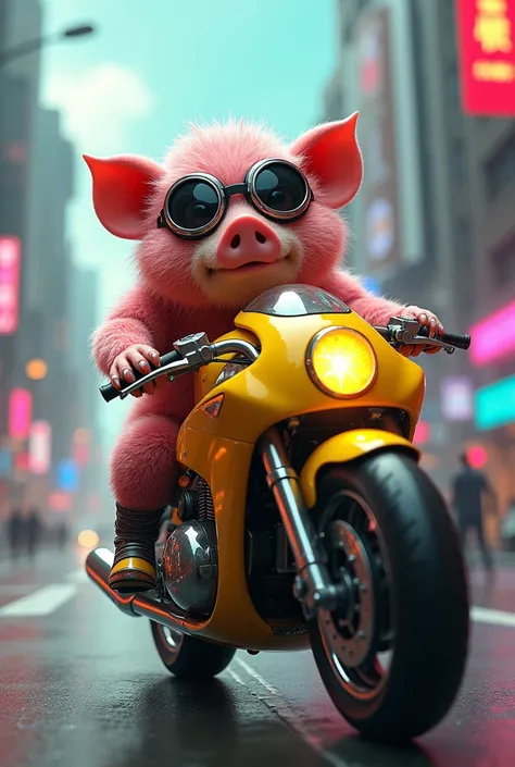 Create a pig man wearing goggles riding a yellow motorcycle 