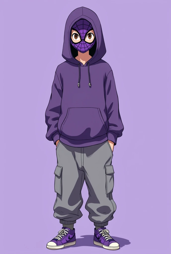 a male studio ghibli drawing with a purple spiderman mask with gray baggy pants and a purple hoodie, the purple shoe and brown eyes, with a solid purple background