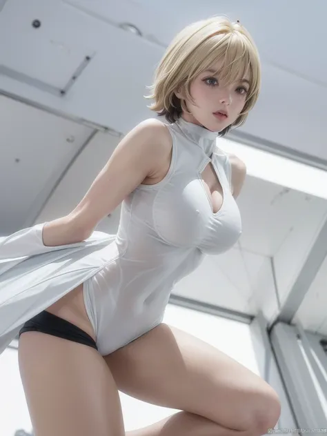 kurosaki mea、最high quality、high quality,, ((Masseter muscle area)), ((High resolution)), ((最high quality)), detailed, ((Glowing Skin)), (High leg bodysuit:1.2)、and, ((huge 、Blonde、Short Bob))、(White bondage, White shorts), Voluptuous bust:1.5, Bowl-shaped ...