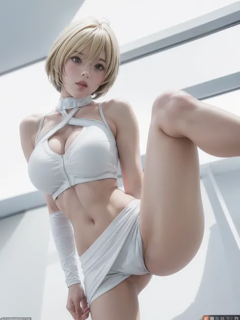 kurosaki mea、最high quality、high quality,, ((Masseter muscle area)), ((High resolution)), ((最high quality)), detailed, ((Glowing Skin)), (High leg bodysuit:1.2)、and, ((huge 、Blonde、Short Bob))、(White bondage, White shorts), Voluptuous bust:1.5, Bowl-shaped ...