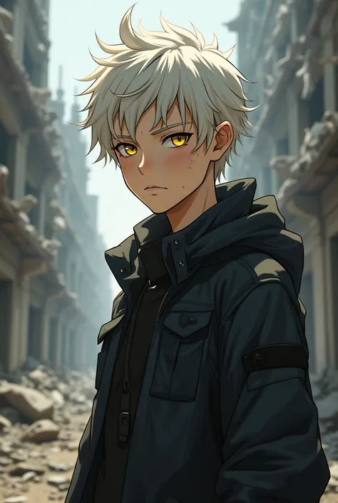 anime boy with white Blonde hair and Freckles Yellow eyes,ruined city in the background   ken kaneki, best anime 4k konachan wallpaper, kaneki ken, trigger anime artstyle, badass anime 8 k, tall anime guy with blue eyes, 4k anime wallpaper, anime wallpaper...