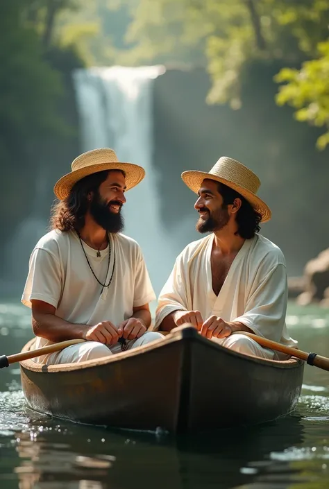 Jesus Christ and Buddha enjoying a trip down the river in a canoe. They look smart and smart and have fun and laugh. Their faces convey deep wisdom and empathy, exuding warmth and understanding. They are wearing white T-shirts, jeans and straw hats. Jesus ...