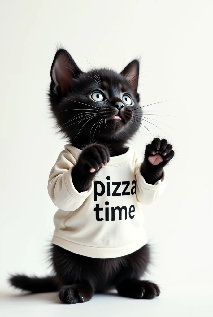 
Black kitten, wearing white shirt that says goon, looking up while praying, and a text on a white background that says pizza time