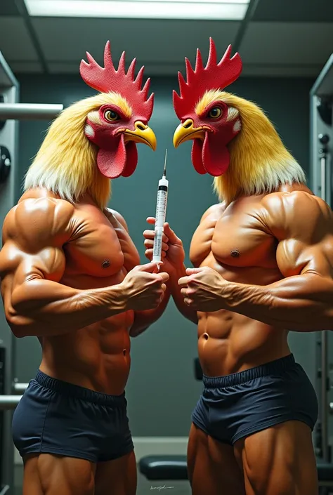 Chickens in the gym with anabolic needles 