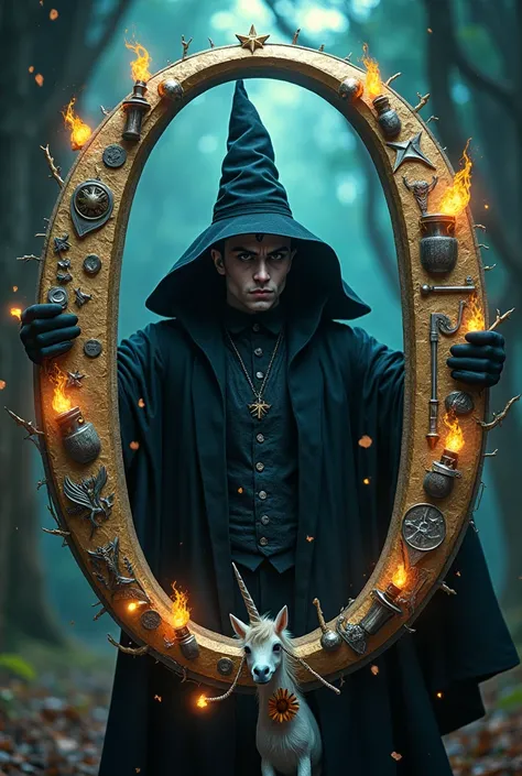 Create a sinister-looking magician in the style of witchcraft, next to him is the letter "O" adorned with fascinating and enchanting Harry Potter wizard-themed objects, very eye-catching and with a very elaborate style. Next to it is a unicorn with a pecul...