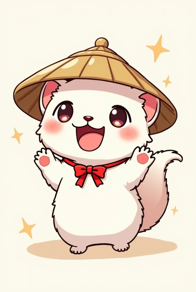 a chibi anime cartoon drawing of a white ferret wearing a Chinese straw hat, with sales on the front paws and one around the neck. 