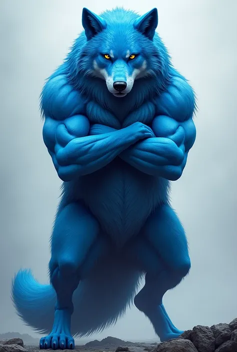 blue wolf with a serious face, arms crossed, standing 