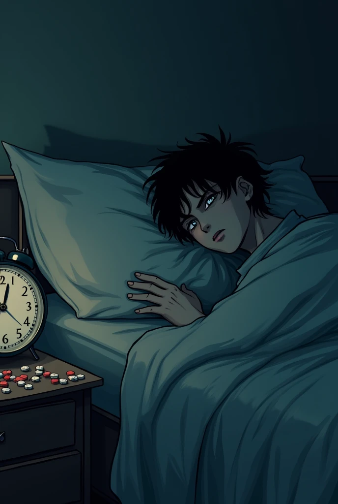 madrugada. the protagonist, AKIRA, Hes lying in his bed, with open, weary eyes. The clock next to his bed reads 4:3:32 in the morning. He couldnt sleep. We see a pile of pills on his bedside table. He stares at the ceiling, listening to the voices in his h...