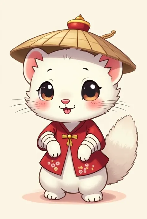 a chibi anime cartoon drawing of a white ferret wearing a Chinese straw hat, with white bands around the front legs and one around the neck. 