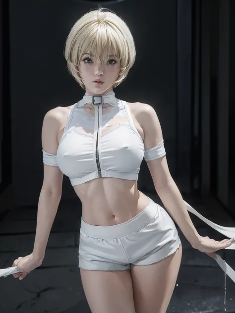 kurosaki mea、最high quality、high quality,, ((Masseter muscle area)), ((High resolution)), ((最high quality)), detailed, ((Glowing Skin)), (High leg bodysuit:1.2)、and, ((huge 、Blonde、Short Bob))、(enameled fabric:White bondage, White shorts:1.4), Voluptuous bu...