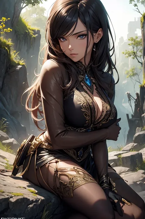 female, sexy, beautiful woman, sitting on ground, leaning on rock, detailed facial features, intricate clothing, dramatic lighting, cinematic composition, color harmony, photorealistic, 8k, hyper-detailed, masterpiece, digital art, concept art