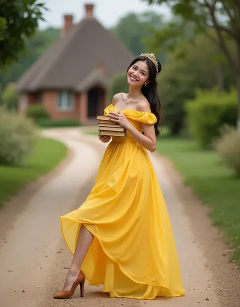 Brunette influencer, Cosplay as Belle outfit, down a dirt road with a cottage in the background, holding books, legs apart, cute yellow dress, cute smile, taken with a Canon R5 F1.2