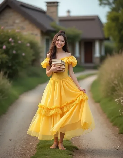 Brunette influencer, Cosplay as Belle outfit, down a dirt road with a cottage in the background, holding books, legs apart, cute yellow dress, cute smile, taken with a Canon R5 F1.2