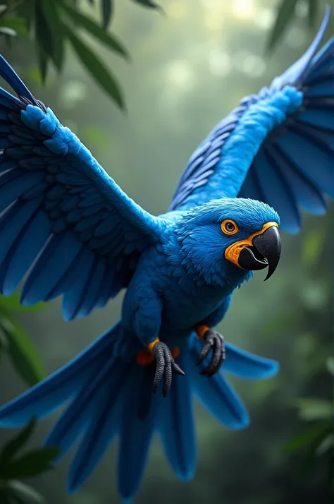 Blue macaw with open wings and a serious face 