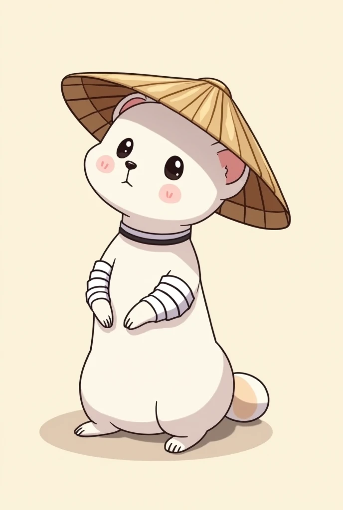 a chibi anime cartoon drawing of a white ferret wearing a Chinese straw hat, with white bands around the front legs and one around the neck. 