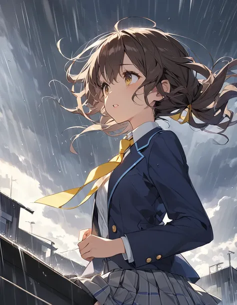 Top quality illustrations, One beautiful girl, Kind eyes、Dark brown hair、short hair、Wavy Hair、Curly Hair、Low twin tails、Short pigtails、school uniform,{Dark Blue Blazer、White shirt、Yellow ribbon tie、Grey pleated skirt}、sideways rain、Heavy Rain、storm、Strong ...