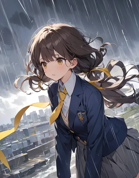 Top quality illustrations, One beautiful girl, Kind eyes、Dark brown hair、short hair、Wavy Hair、Curly Hair、Low twin tails、Short pigtails、school uniform,{Dark Blue Blazer、White shirt、Yellow ribbon tie、Grey pleated skirt}、sideways rain、Heavy Rain、storm、Strong ...