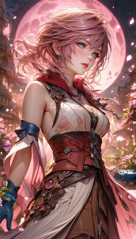 Ultra detailed, highres, absurdres, HDR, master piece, Claire Farron, wavy pink short hair, expressive pale aqua eyes, white dress with brown patterns, brown skirt, red cape, blue gloves, Lightning Farron, Final Fantasy XIII, pink flowers, petals, fireflie...