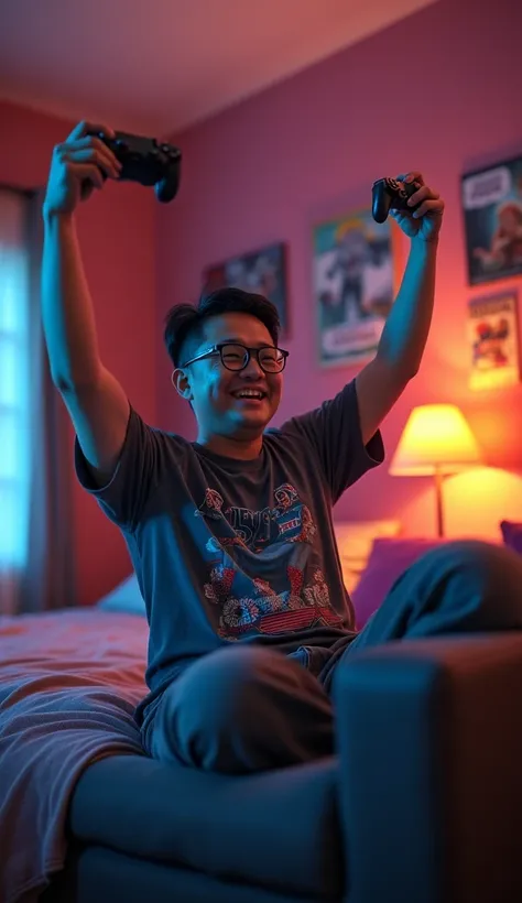 photorealistic, best quality, masterpiece, extremely detailed, ((side view)), slightly chubby, 30 year old borneo man, no facial hair, glasses, wearing 8bit graphic tshirt, holds a video game console controller in right hand, both hands in the air, celebra...