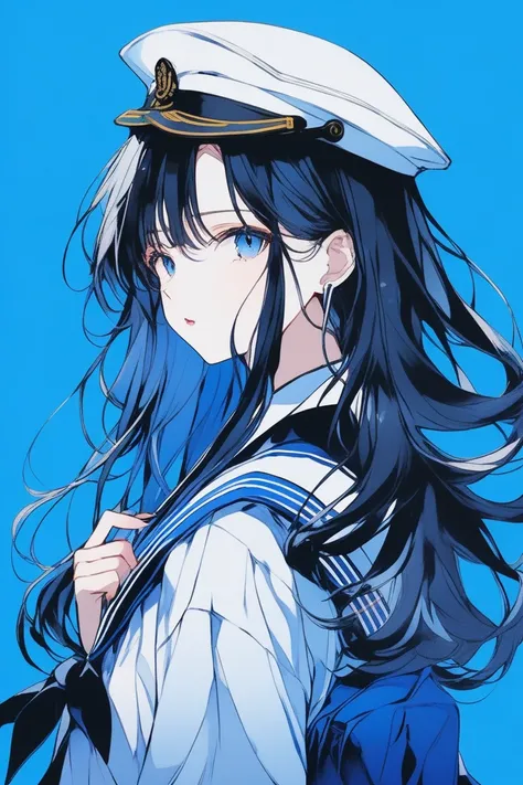 ((masterpiece,Highest quality)), 8k, anime , Realistic ,sketch, anime風のポートレート, 黒猫を連れたanimeの女性, 20-year-old, Blue gradient background, High school girl sailor uniform, Neon medium length hair, lip, Wear headphones, Texture Trim, Japanese, Upper Body, (maste...