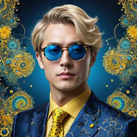 realist，（masterpiece，arriba Quority，Best Quality，official art，Beauty：1.2），He is very detailed，s fractal art，Color，more detailed，zentangle，（Abstract backgrounds：1.5）（1：1.3）,nanami，light blonde hair，Short detailed hair，（blue sunglasses ,tall and strong,blue ...