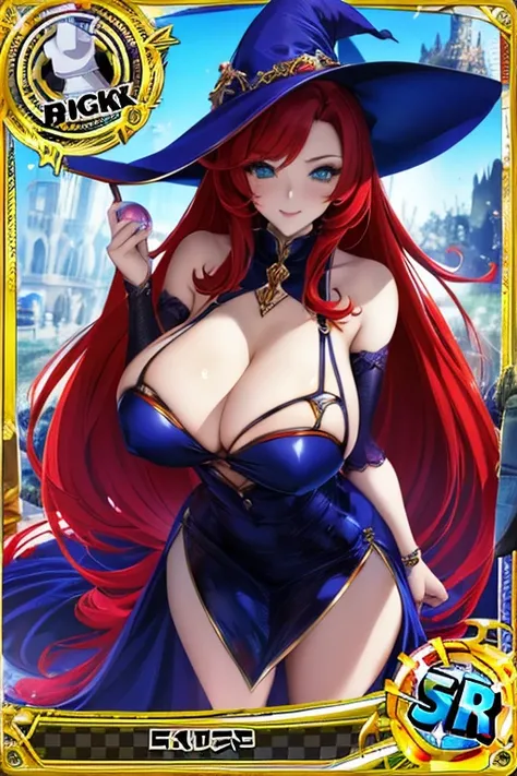 Trading card, Redhead witch, sexy pose, big breasts, bubble but, witch hat, sexy dress

