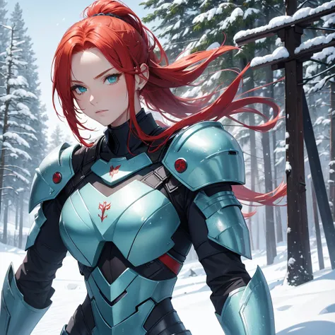 a beautiful young redhead warrior in blue armor, light armor, red hair, hair tied in a ponytail, green eyes, slender body, beautiful woman, snowy background, snowy forest in the background,
