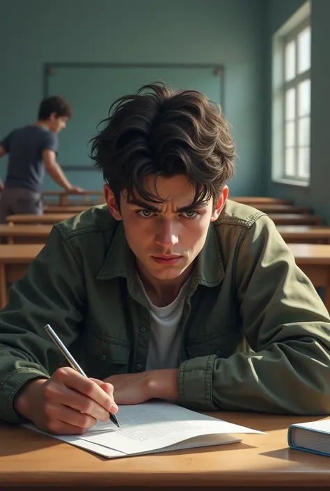 An image of a young man in a white shirt taking a test, worried, When thinking about how to write your essay