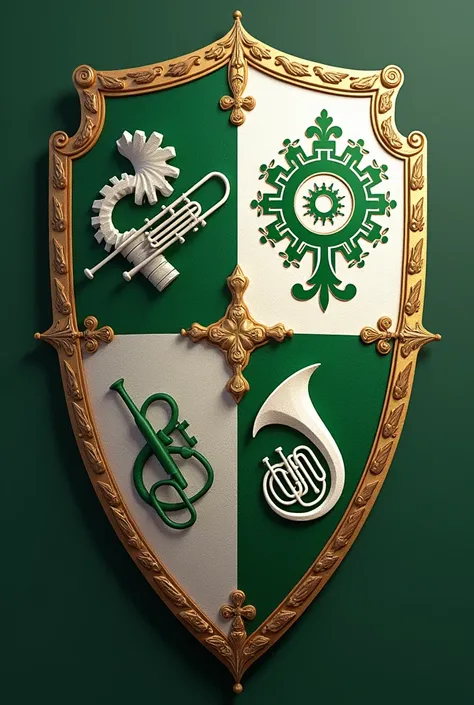 Shield for the Dom Hélder Câmara Marching Band, in green and white colors, with trombone images, Trumpet, tenor case and tuba