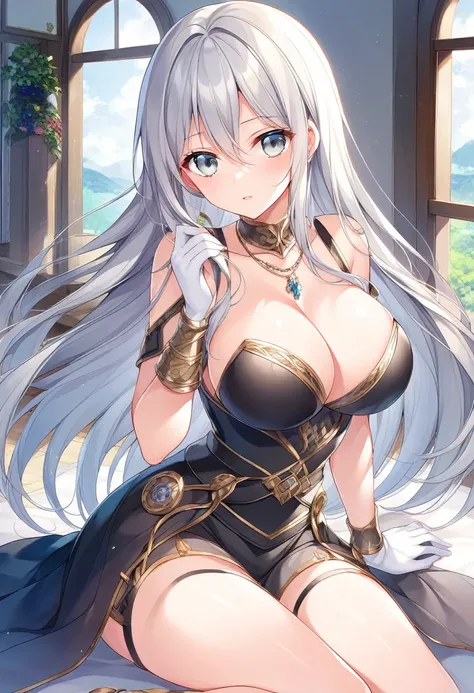 A gentle lady-type girl、Super long and grey hair、Grey Eyes、Mature Junior High School Girl、Slightly fished、Beauty、Big Breasts、The black armor of Death、White gloves on both hands、Black bracelets on both wrists、Necklace around the neck、Brave expression、Facing...