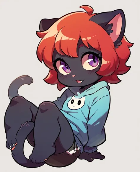 little cat, kid girl cat, cub, fully black fur, red hair, purple eyes, cute doodle