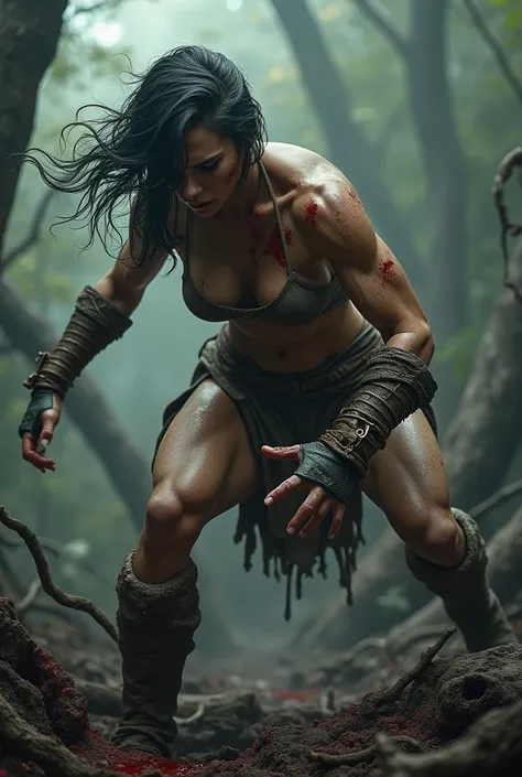 sexy warrior woman, naked, in a gloomy environment, devastated forest, ultra realisitic, 8k, hair and face with blood, very detailled, struggling pose